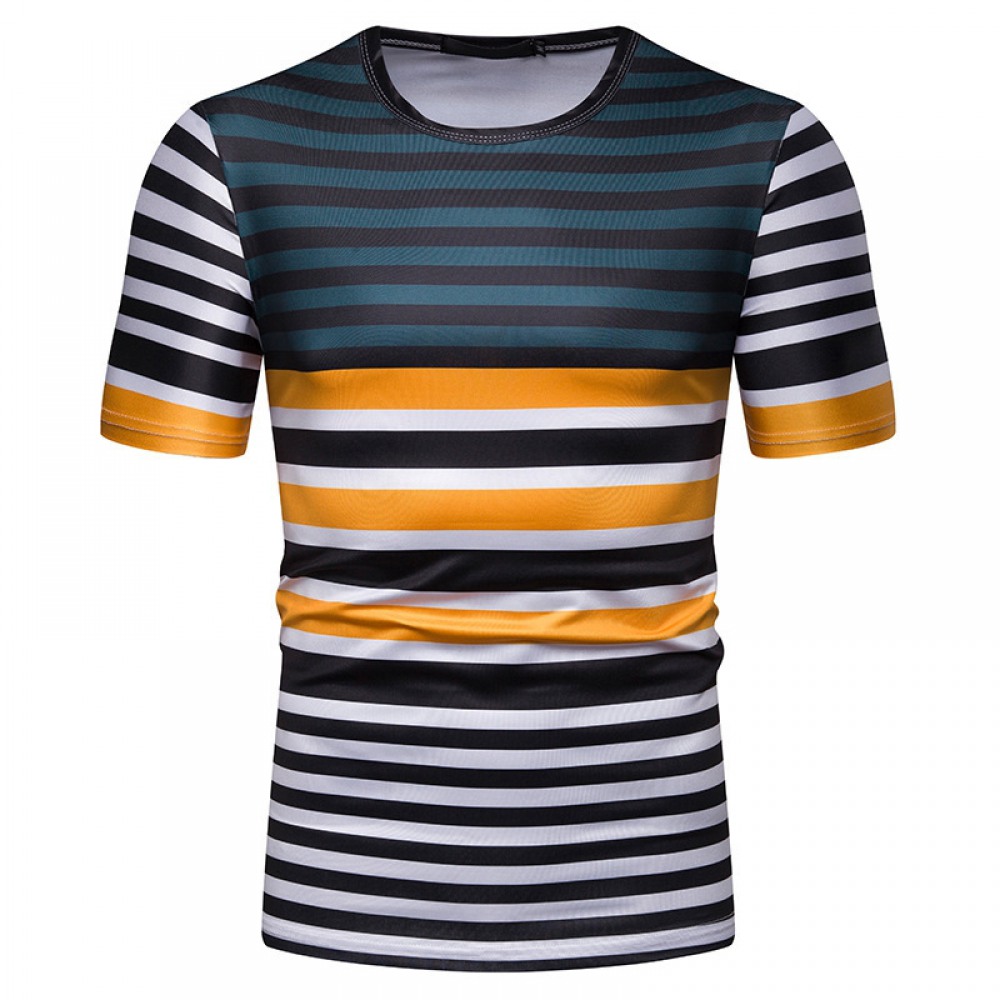 New Summer Men's Short-Sleeved T-Shirt Mens Contrast Striped Slim Casual T-Shirt